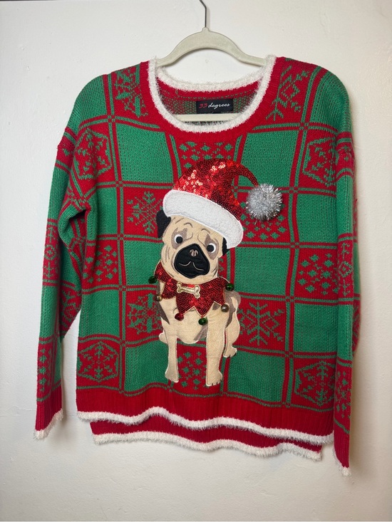33 Degrees Sweaters - 33 Degrees Christmas Pug Sweater L Ugly Holiday Sequin Santa Hat Jingle Bells